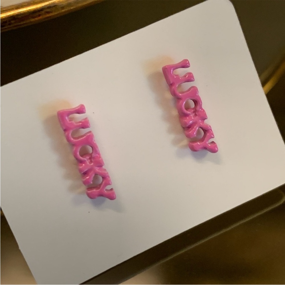Pink Lucky Word Stud Earrings